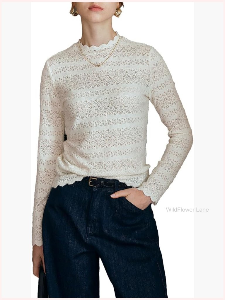 Lace Long Sleeve Mock Neck Eyelet Blouse Top